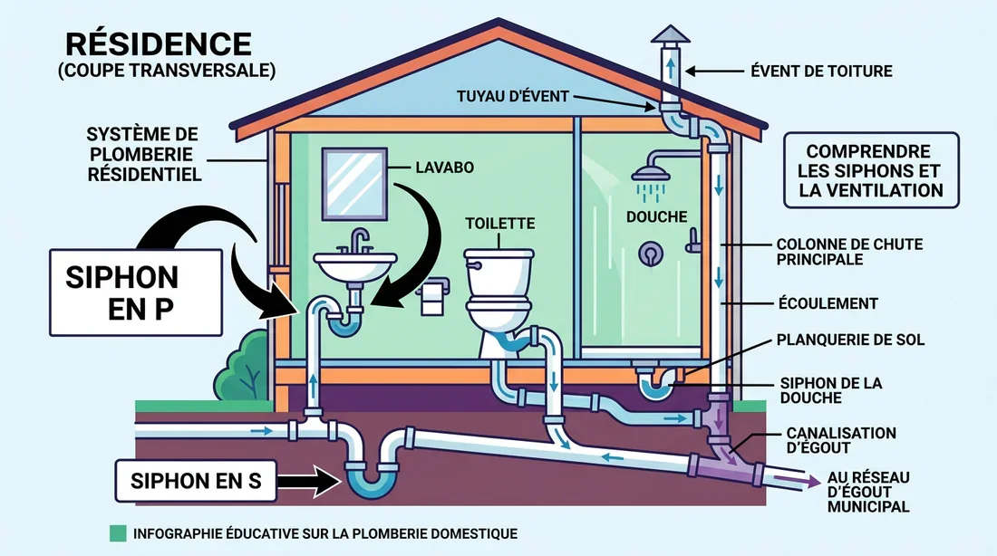 Schéma technique d'une canalisation de douche avec siphon