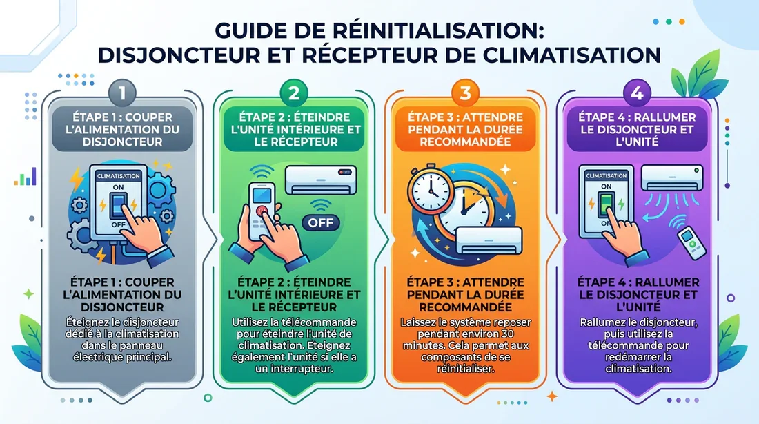Infographie résumant les étapes de réinitialisation d'un climatiseur
