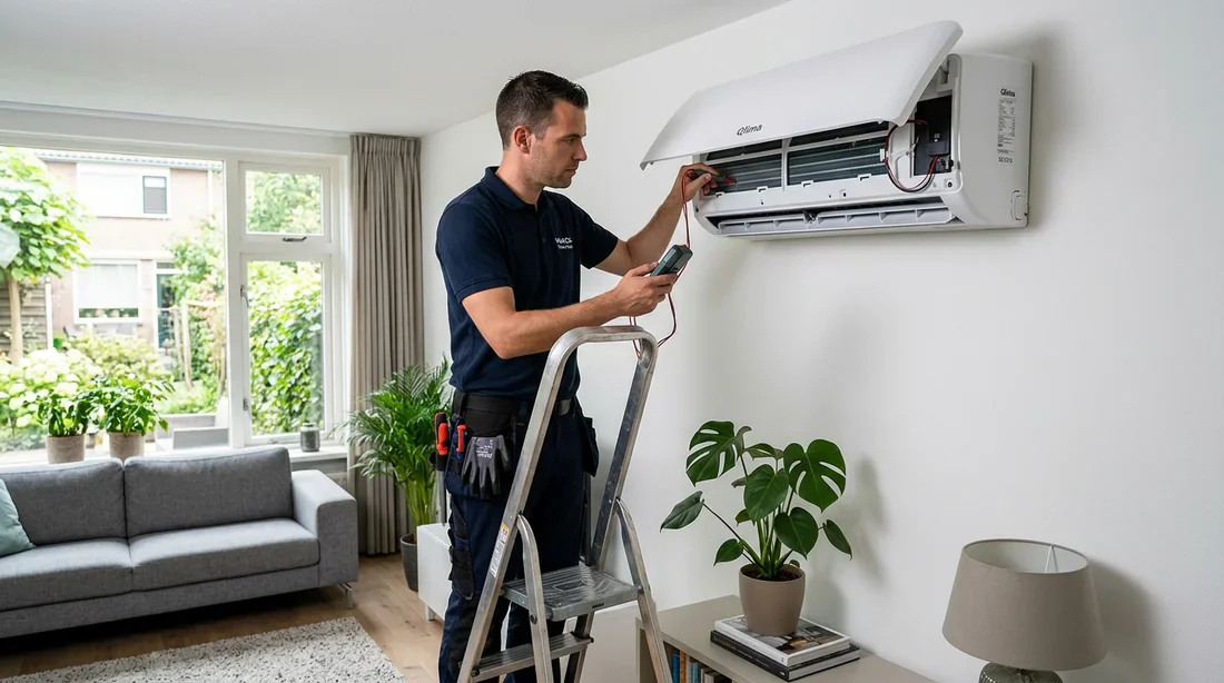 Diagnostic d'un dysfonctionnement de climatiseur Qlima Inspection d'un climatiseur mural Qlima dans un salon moderne