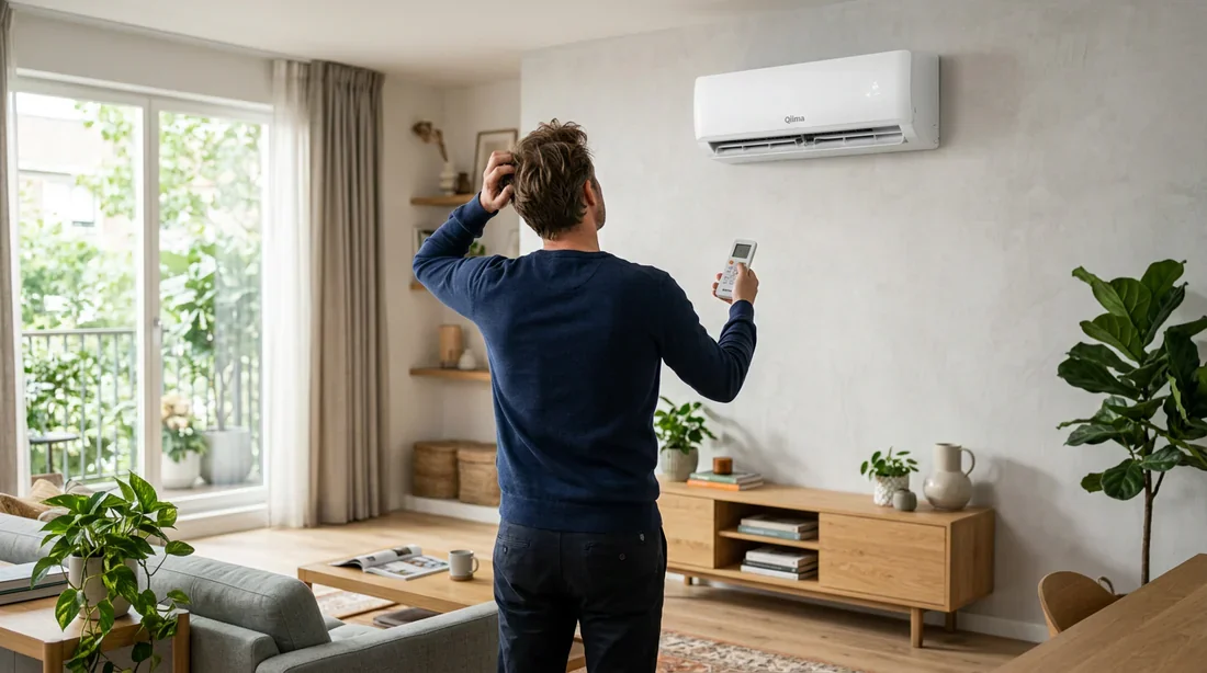 Dépannage et contrôle d'un climatiseur Qlima Personne tenant une télécommande avec un air interrogatif devant un climatiseur mural Qlima
