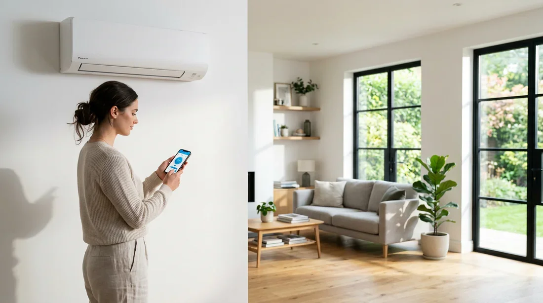 Réinitialisation et contrôle WiFi d'une climatisation Daikin Personne utilisant une application smartphone face à un climatiseur mural Daikin dans un salon moderne