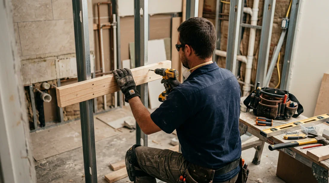 Installation de renforts pour meuble vasque par un plaquiste Plaquiste installant un renfort en bois dans une cloison de salle de bain