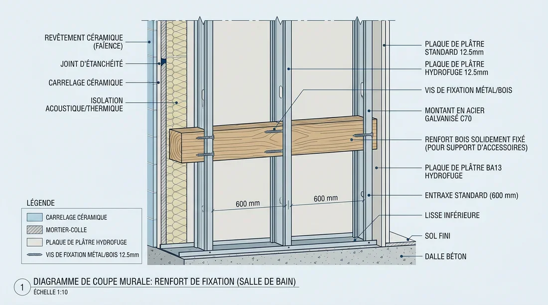 Détail technique de pose du renfort Schéma de coupe montrant l'emplacement du renfort en bois