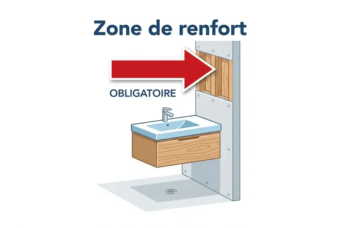 Renforcer un placo pour meuble suspendu - Guide : 3 méthodes infaillibles - Comment fixer un meuble lourd sur du placo ? Schéma technique zone de renfort pour meuble vasque