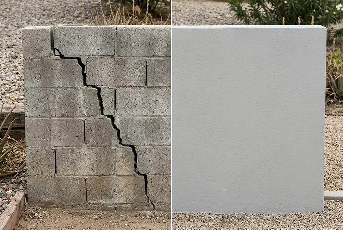 Réparer une fissure dans un mur en parpaing : Tuto - Fissure sur mur en parpaing : 4 étapes pour réparer ! - Comment réparer une fissure dans un mur en parpaing ? Comparatif avant et après la réparation d'une fissure sur un mur en parpaing