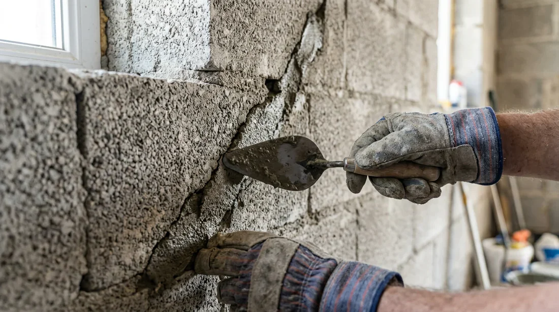 Rebouchage d'une fissure sur un mur en parpaing brut Réparation d'une fissure diagonale sur un mur en parpaing avec du mortier et une truelle