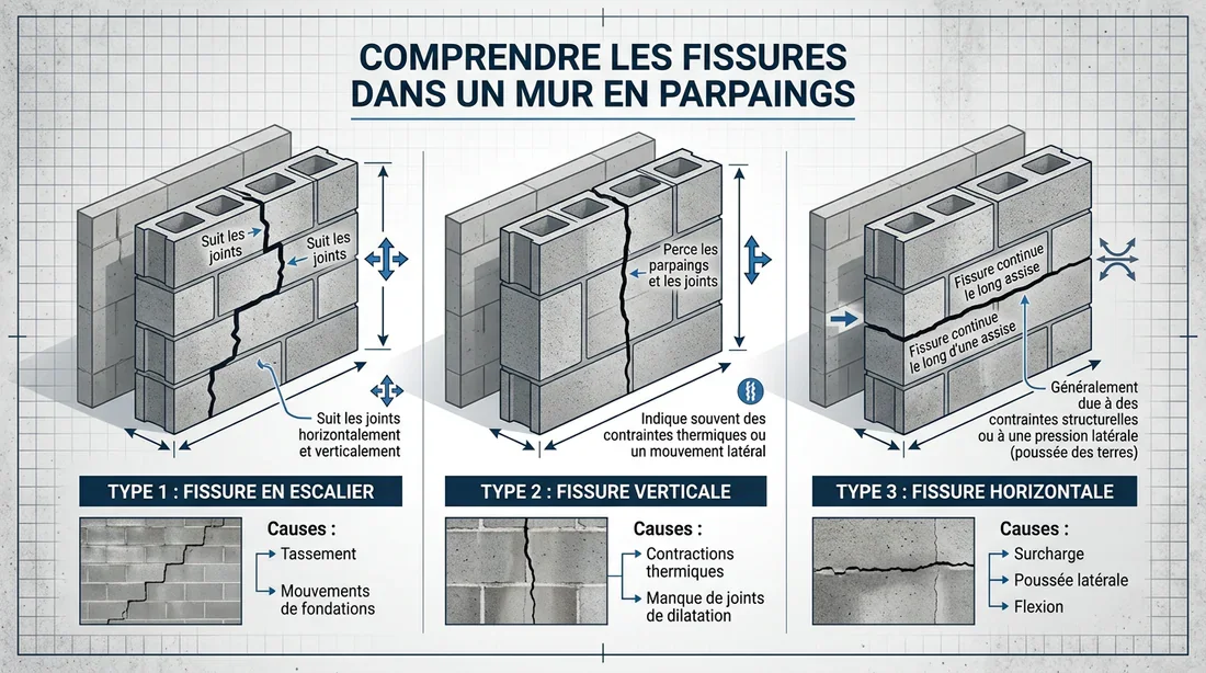 Diagnostic des types de fissures parpaing Schéma explicatif des différents types de fissures sur un mur en parpaing