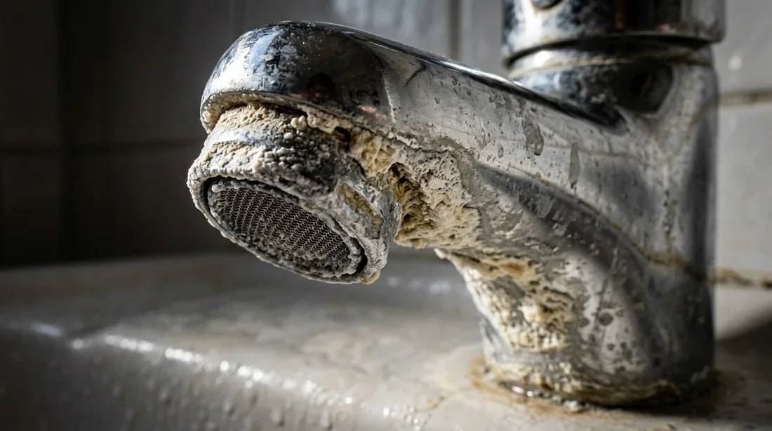 Accumulation de calcaire sur un robinet de salle de bain