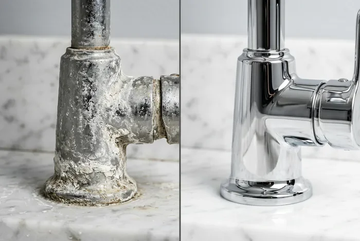 Tête de robinet bloquée : 5 astuces - 5 méthodes pour débloquer une tête de robinet grippée - Impossible de dévisser votre tête de robinet ? Nos solutions Comparaison avant après détartrage de robinet