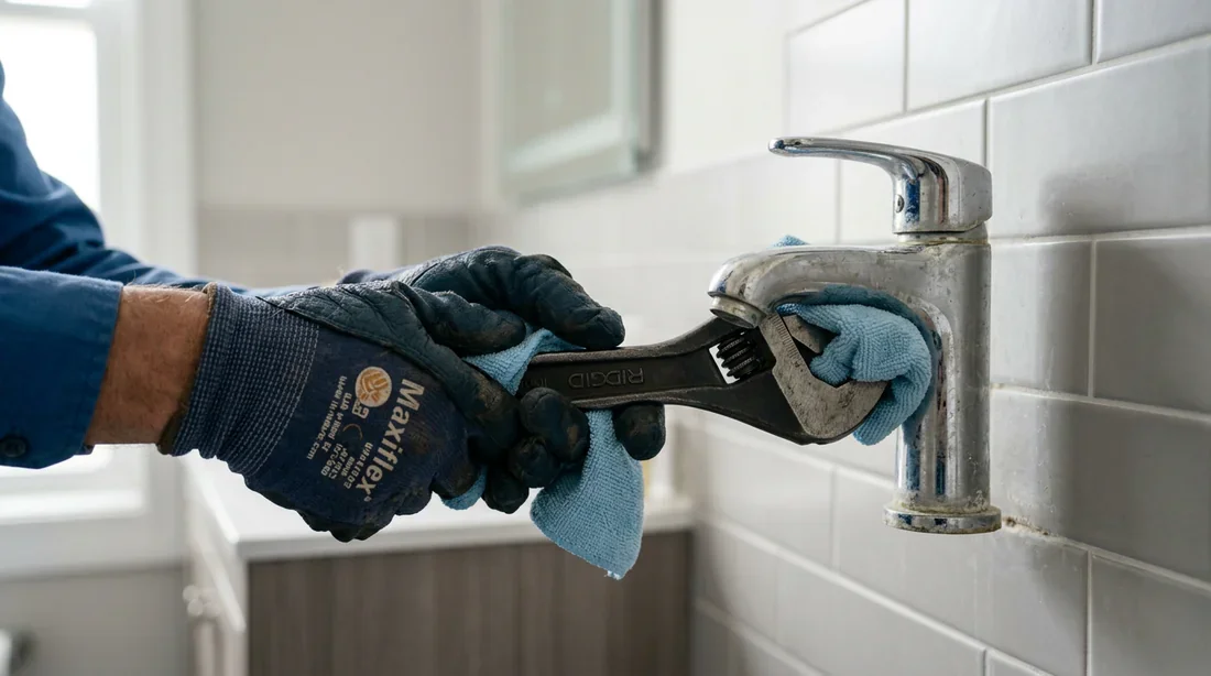 Plombier utilisant une clé à molette pour réparer un robinet entartré