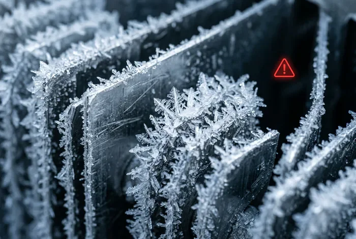Gros plan sur les ailettes gelées d'une climatisation avec icône d'alerte