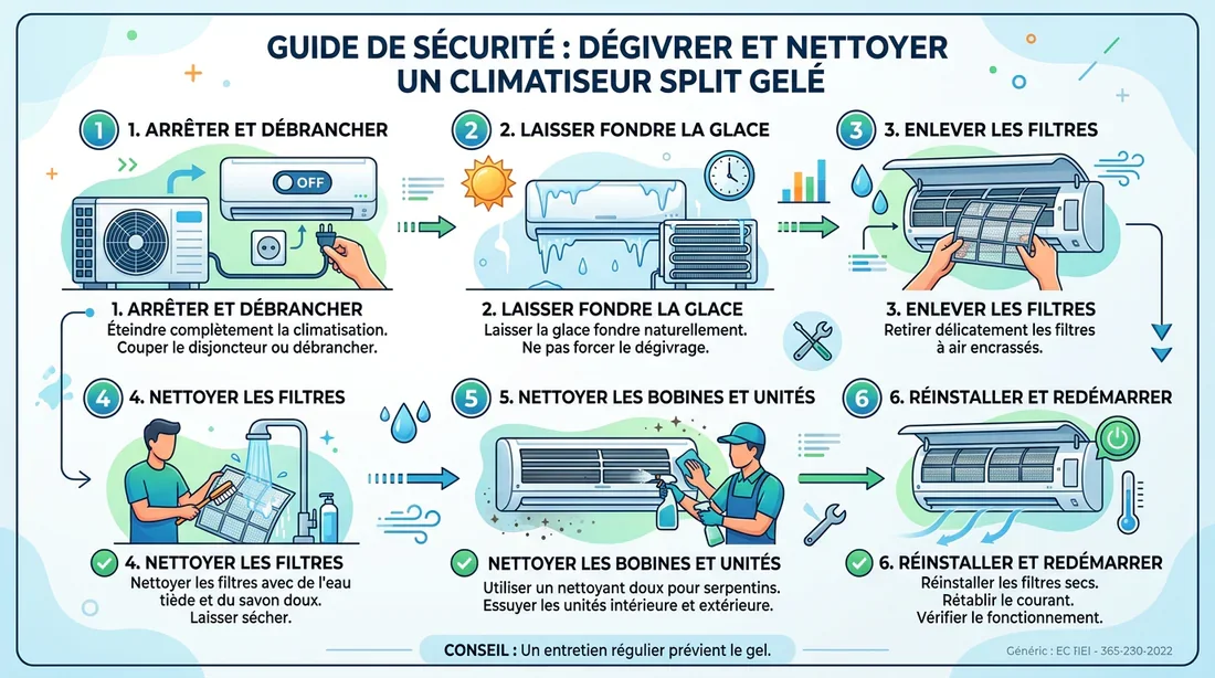 Étapes pour dégivrer une climatisation Infographie étape par étape pour éteindre et dégivrer sa climatisation en sécurité