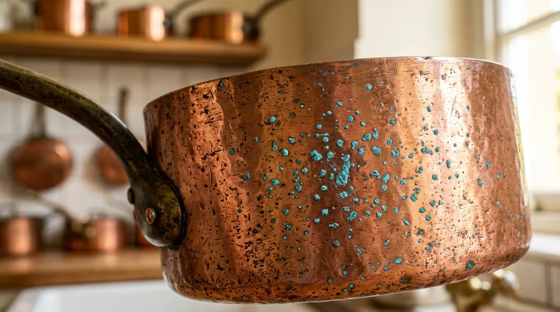 Formation de vert-de-gris sur une casserole ancienne en cuivre