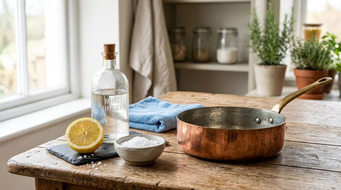 Ingrédients naturels pour nettoyer le vert-de-gris : citron, sel et vinaigre