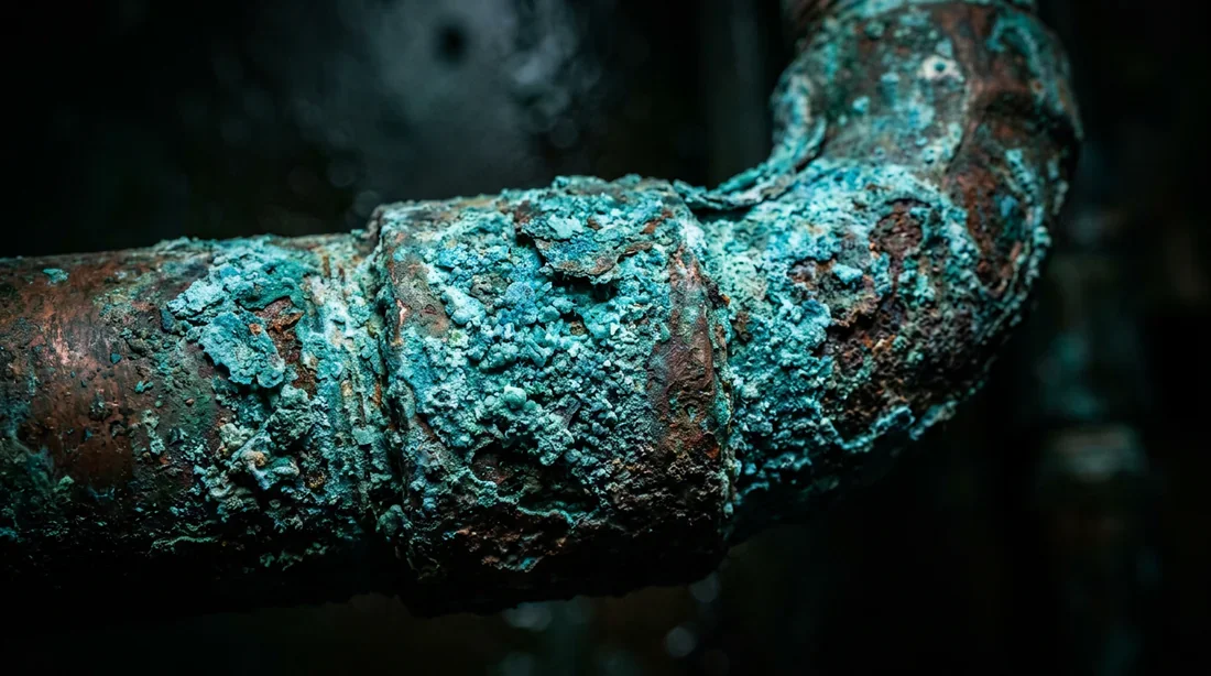 Tuyau en cuivre ancien fortement corrodé et recouvert de vert-de-gris toxique