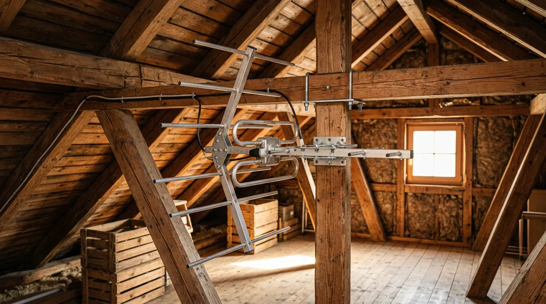 Antenne râteau de télévision installée proprement dans des combles aménagés