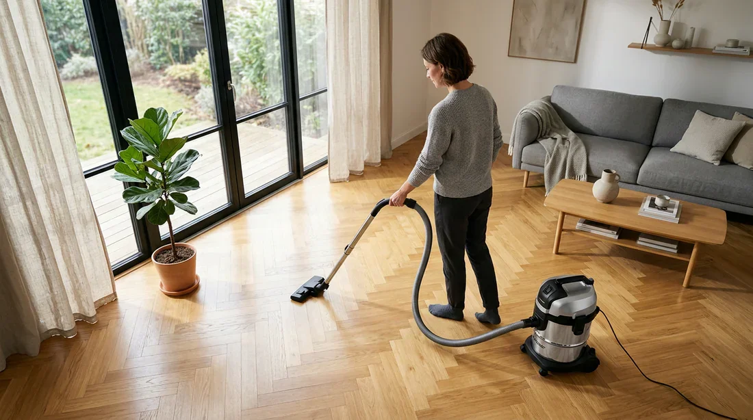 Personne utilisant un aspirateur laveur Silvercrest sur un parquet moderne