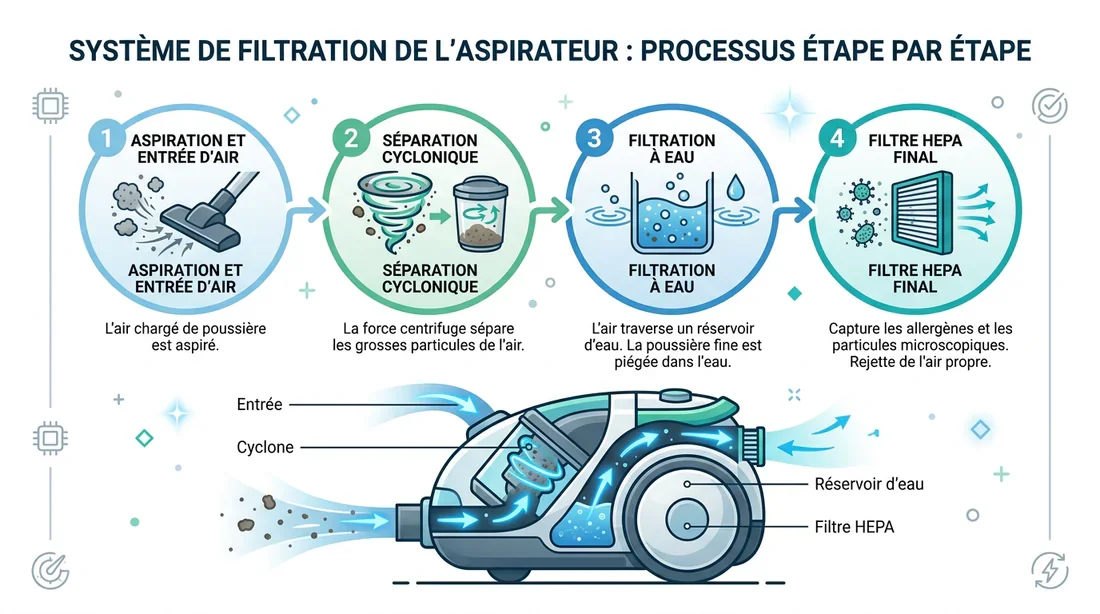 Schéma du système de filtration de l'aspirateur laveur