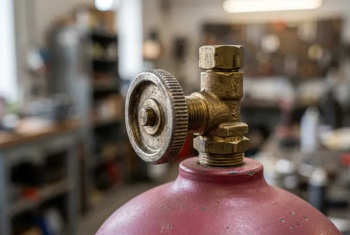Gros plan sur la valve en laiton d une bouteille de gaz réfrigérant R32