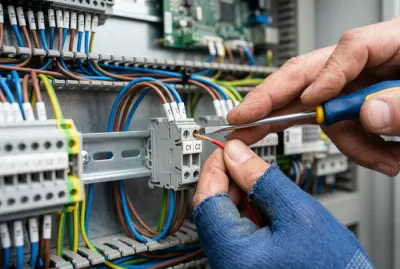 Électricien branchant un fil sur la borne C1/C2 du compteur
