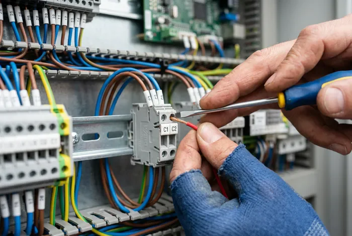 Électricien branchant un fil sur la borne C1/C2 du compteur