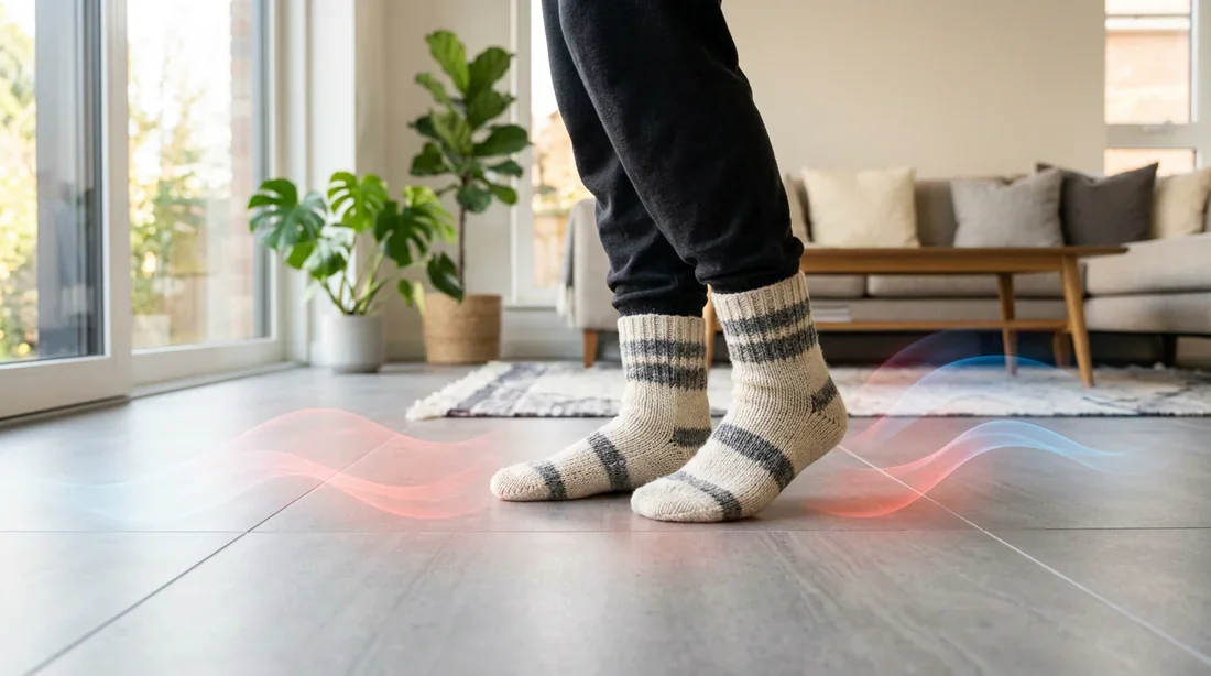 Confort thermique d'un sol en carrelage chauffant Personne en chaussettes sur un carrelage moderne avec illustration de la température du sol
