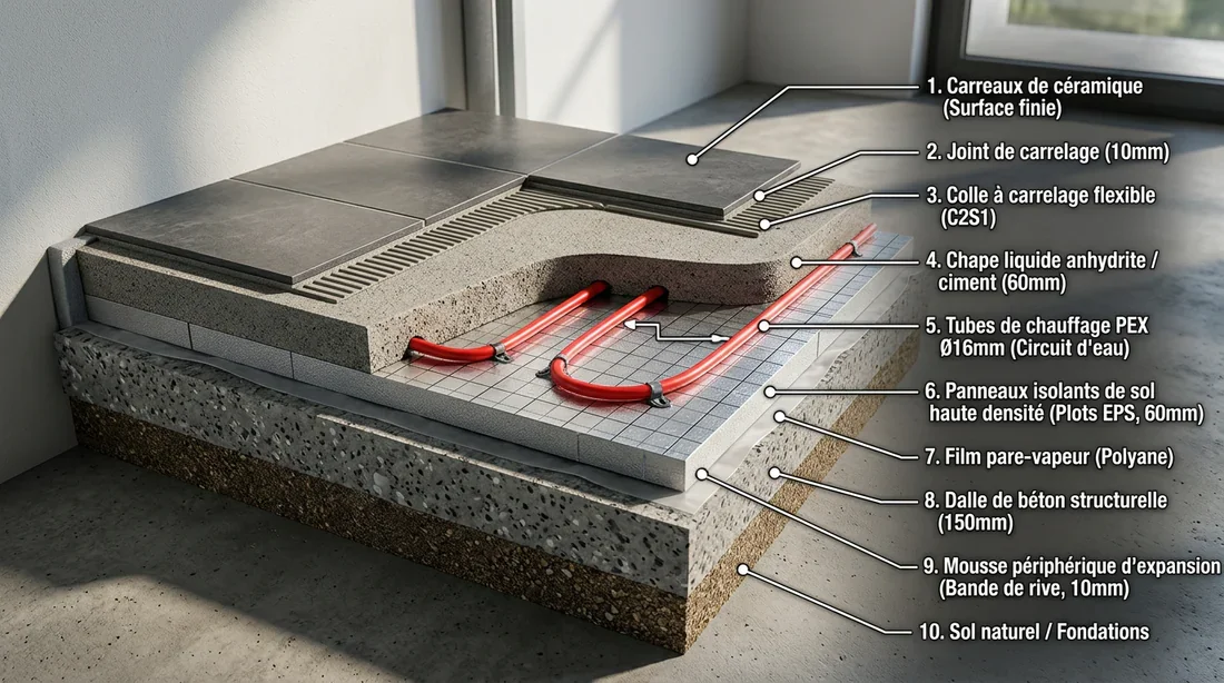 Schéma explicatif du chauffage au sol Schéma de la structure d'un plancher chauffant sous carrelage