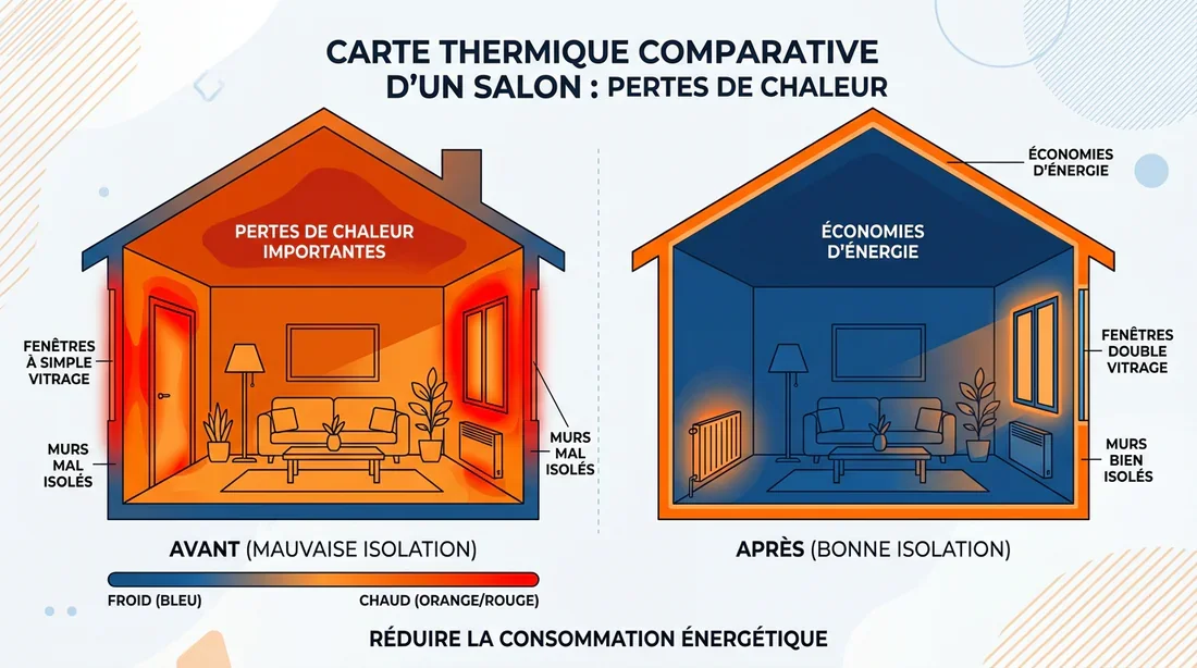 Infographie illustrant les déperditions de chaleur dans une maison