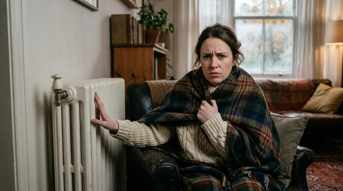 Personne avec un pull épais et un plaid près d'un radiateur froid