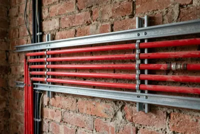 Réseau de tuyaux PER rouges fixés sur un mur avant l'enduit