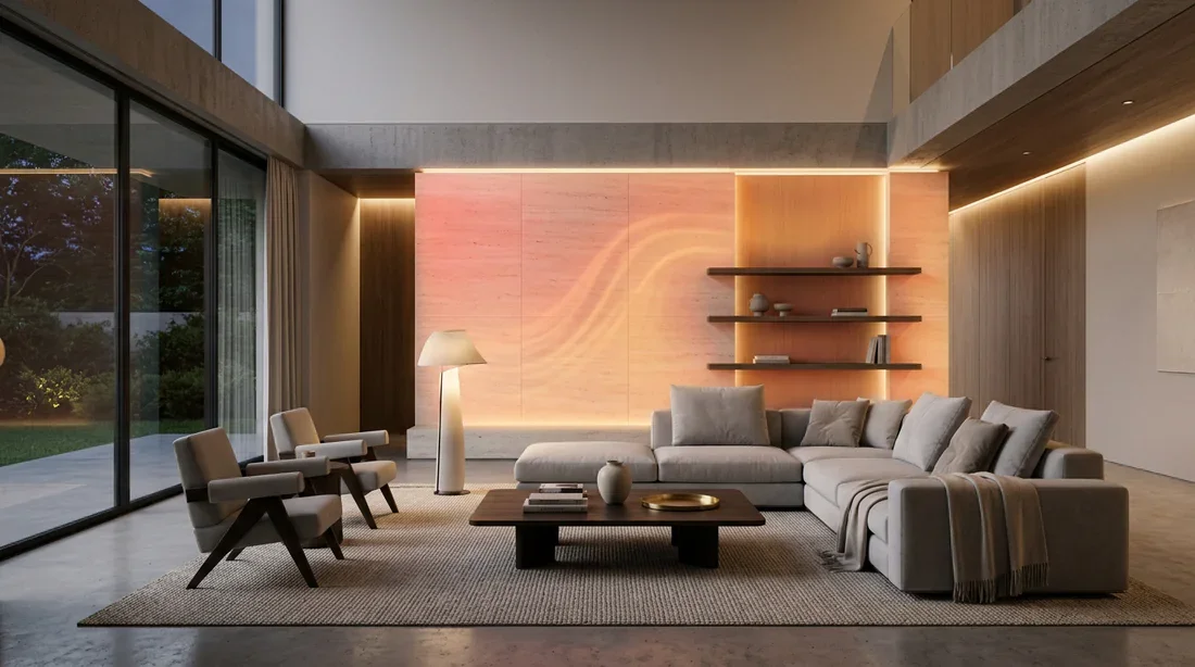 Mur chauffant dans un salon moderne et épuré Salon moderne avec mur chauffant diffusant de la chaleur par rayonnement