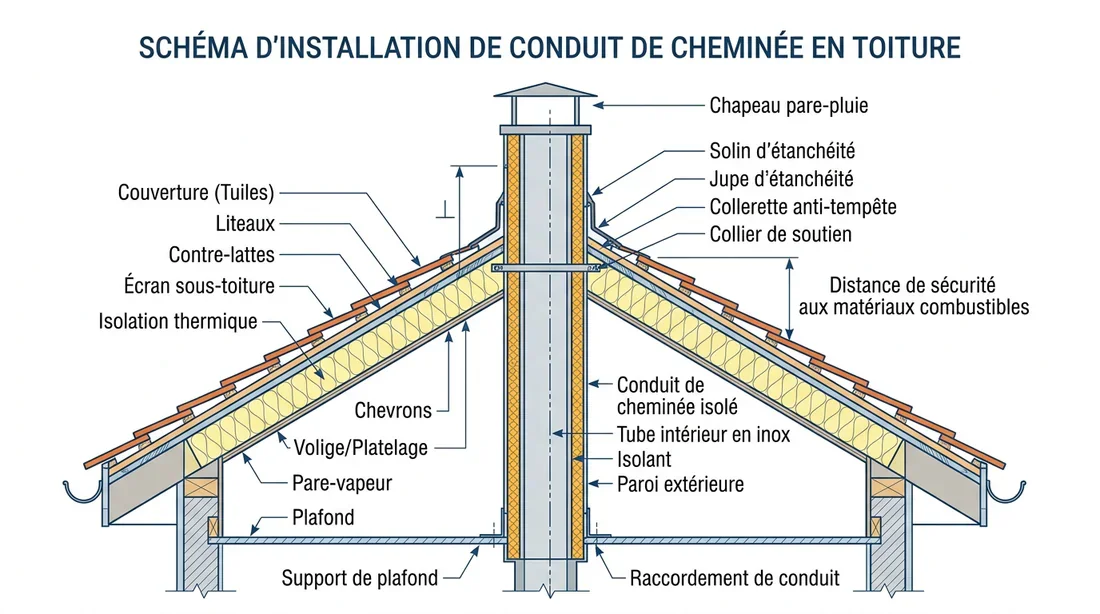 Schéma technique de passage de conduit Schéma technique de l'installation d'un conduit de cheminée à travers une toiture