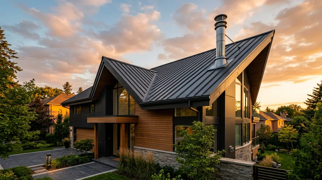 Vue extérieure d'une toiture avec sortie de cheminée Vue extérieure d'une maison moderne mettant en évidence la souche de cheminée sur le toit