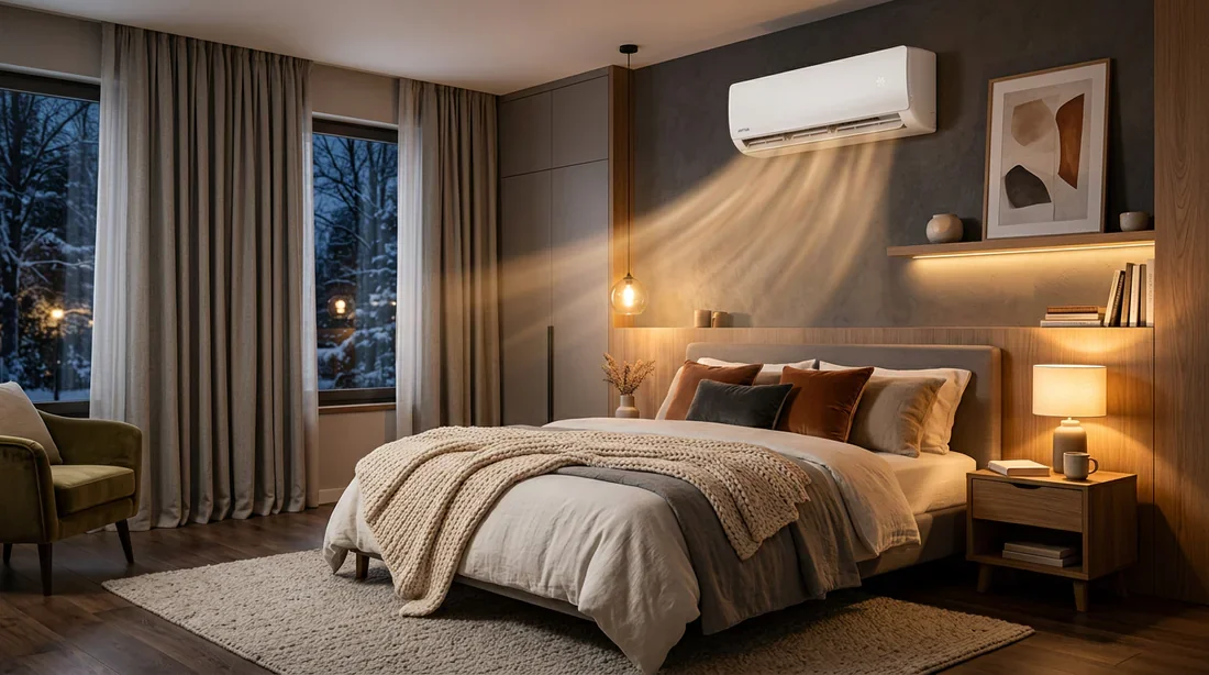 Chauffage efficace avec le climatiseur mural réversible Airton Diffusion de chaleur douce par un split mural Airton dans une chambre.