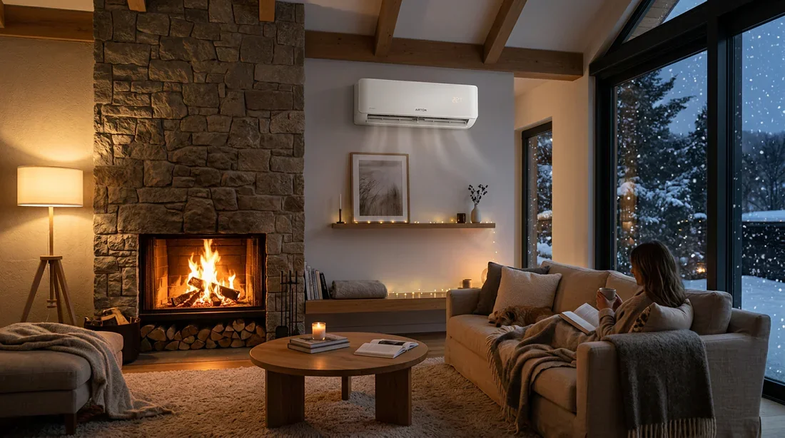 Climatiseur réversible Airton installé dans un salon moderne Salon moderne et chaleureux avec une climatisation réversible Airton installée au mur en hiver.