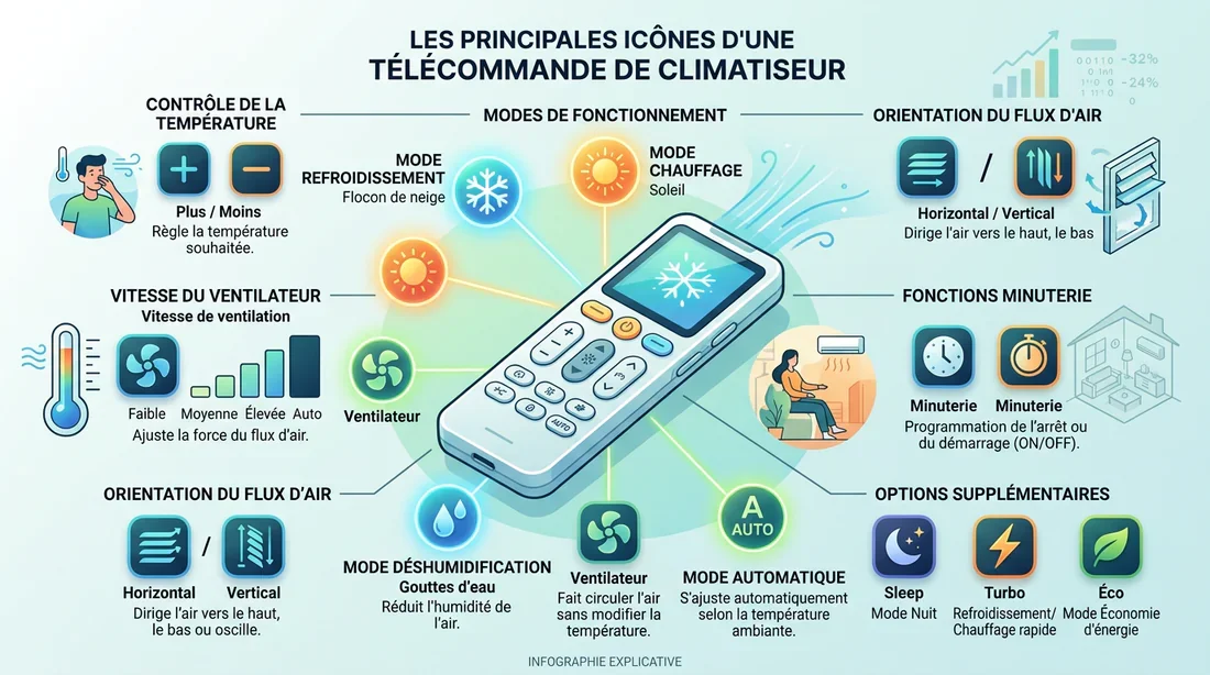 Guide des pictogrammes de la télécommande Airton Schéma explicatif des différents symboles et modes de la télécommande Airton.