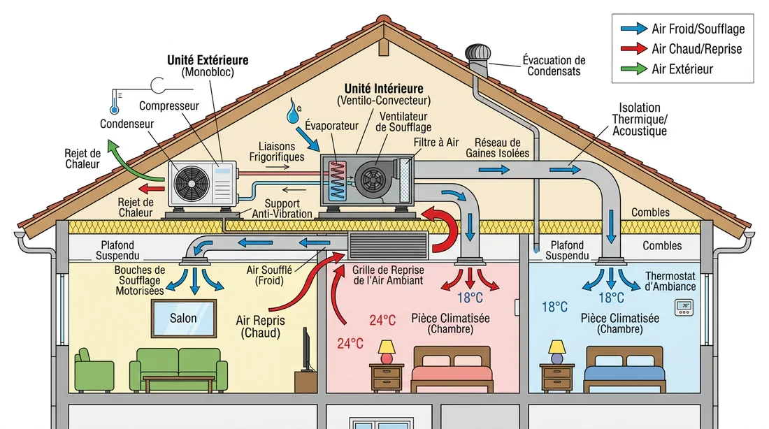 Schéma explicatif du fonctionnement d'une climatisation gainable sous les combles et faux plafond