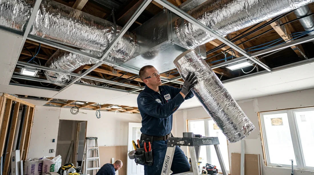 Technicien effectuant la pose du réseau de gaines de climatisation dans le faux plafond
