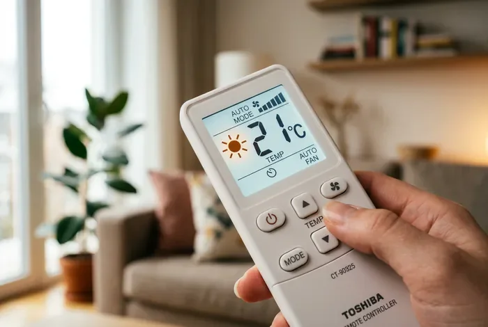 Clim Toshiba en Mode Chauffage : Guide & Réglages - Activer le Chaud sur Clim Toshiba : Astuce Rapide ! - Clim Toshiba : Pourquoi l'Air Chaud ne Sort Pas ? Gros plan sur l'écran d'une télécommande de climatiseur affichant le mode chauffage et 21°C
