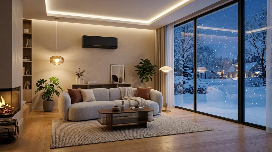 Climatisation réversible Toshiba en mode chauffage dans un salon moderne Salon moderne lumineux en hiver avec une unité de climatisation réversible Toshiba Haori en fonctionnement