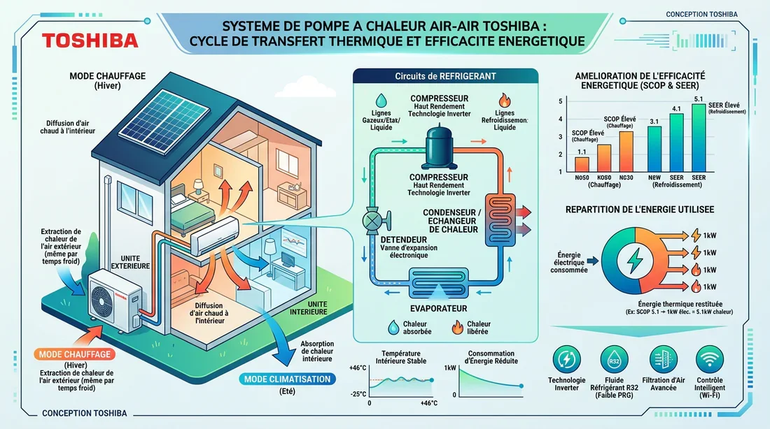 Fonctionnement et bilan énergétique d'une pompe à chaleur Toshiba Schéma explicatif du fonctionnement et des économies d'énergie d'une pompe à chaleur Toshiba
