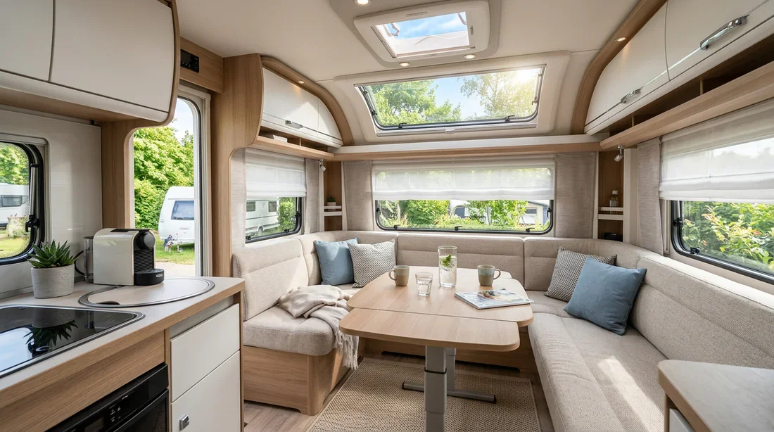 Intérieur confortable et frais d'une caravane Fendt équipée d'une climatisation