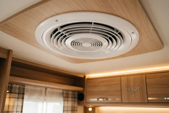 Plan rapproché du diffuseur d'air d'un climatiseur au plafond d'une caravane Fendt