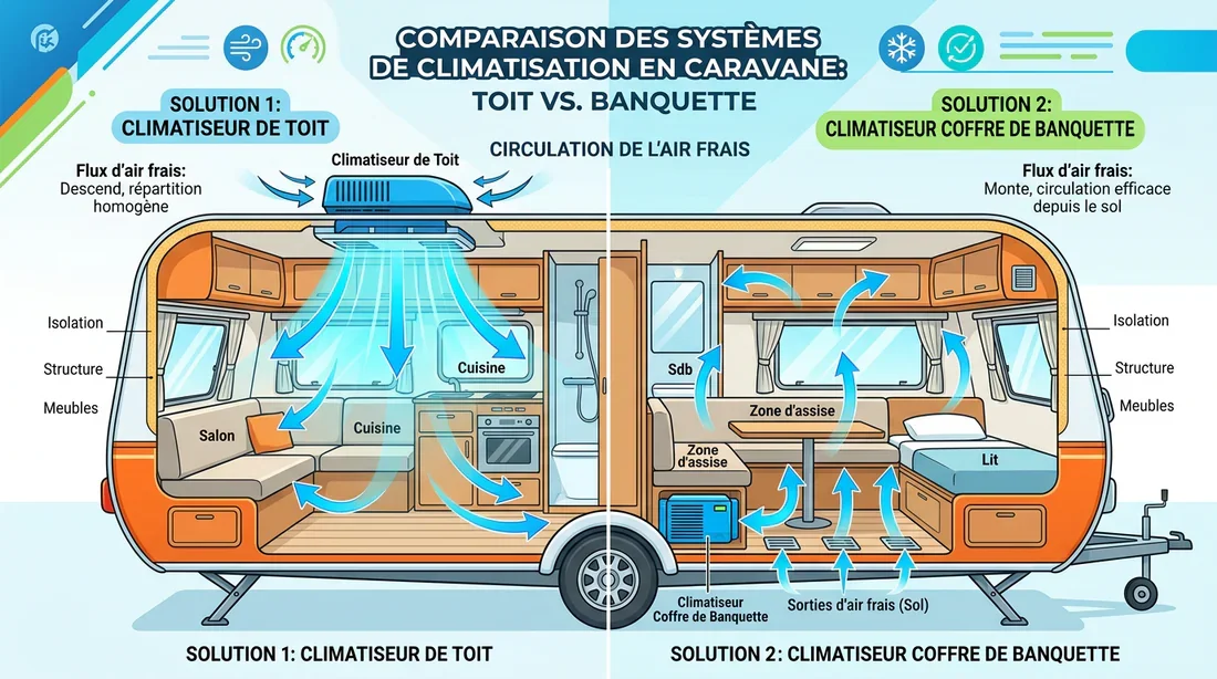 Schéma comparatif entre climatiseur de toit et climatiseur de coffre pour caravane Fendt