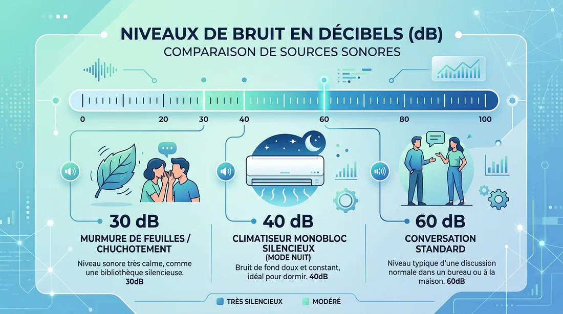 Infographie comparative des niveaux sonores en décibels pour climatiseur silencieux