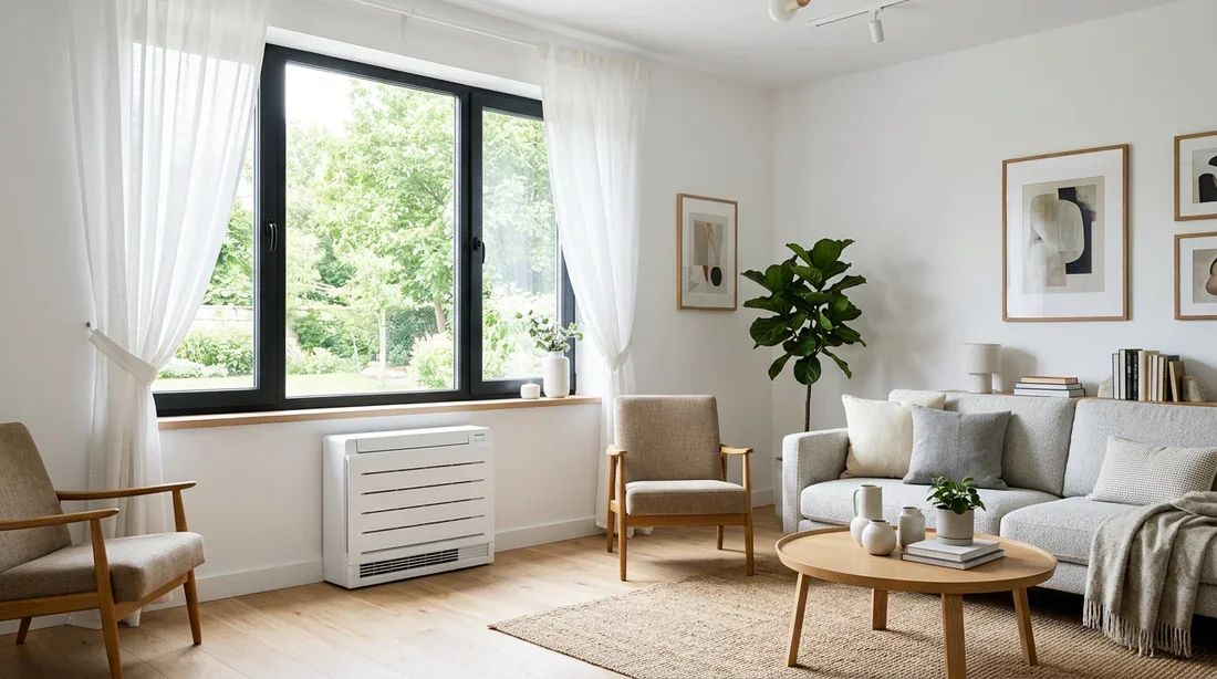 Installation d'un climatiseur console Hitachi Shirokuma Climatiseur console Hitachi blanc installé au sol dans un salon moderne lumineux
