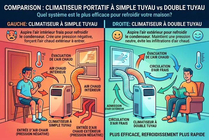 Climatiseur mobile à double tuyau : Guide 2024 - Clim Double Tuyau : Refroidissez 30% Plus Vite ! - Simple ou Double Tuyau : Quelle Clim Choisir ? Comparatif infographie climatiseur simple tuyau versus double tuyau