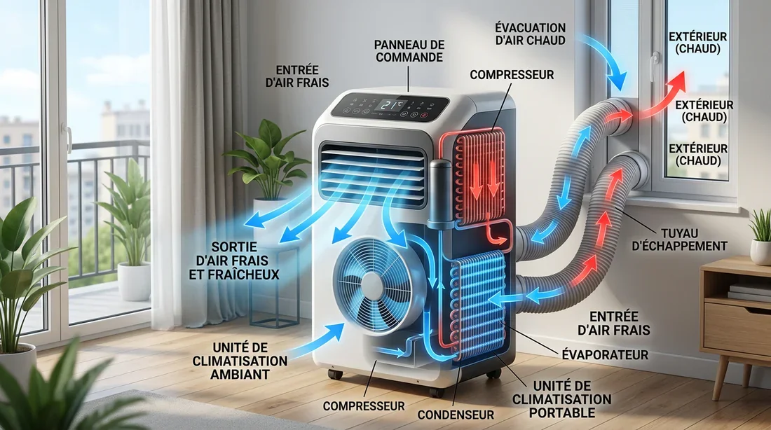 Schéma explicatif du fonctionnement d'un climatiseur mobile double tuyau