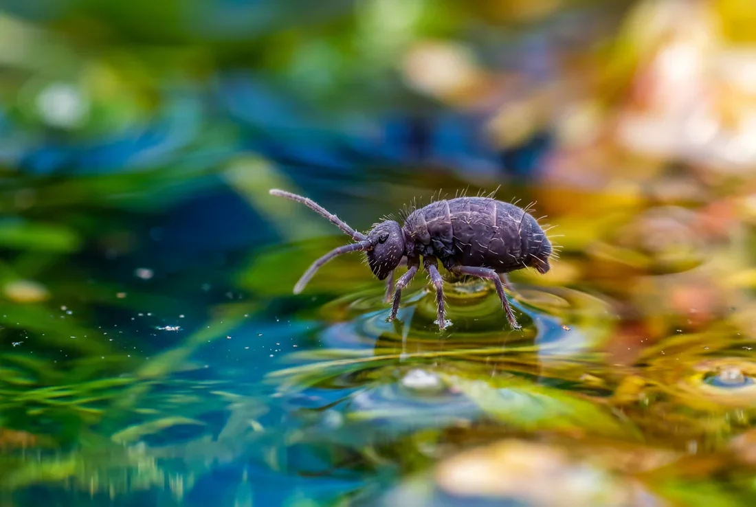 Photo macro d'un collembole sur une surface d'eau limpide