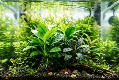Gros plan sur la végétation luxuriante d'un nano aquarium